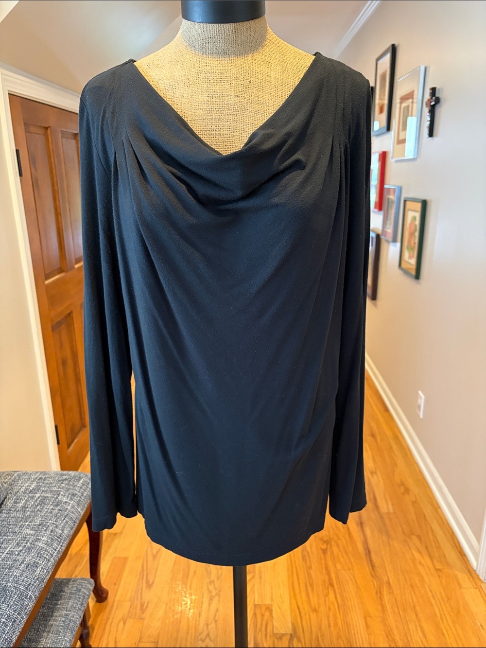 Black Draped Cowl Neck Long Sleeve Top